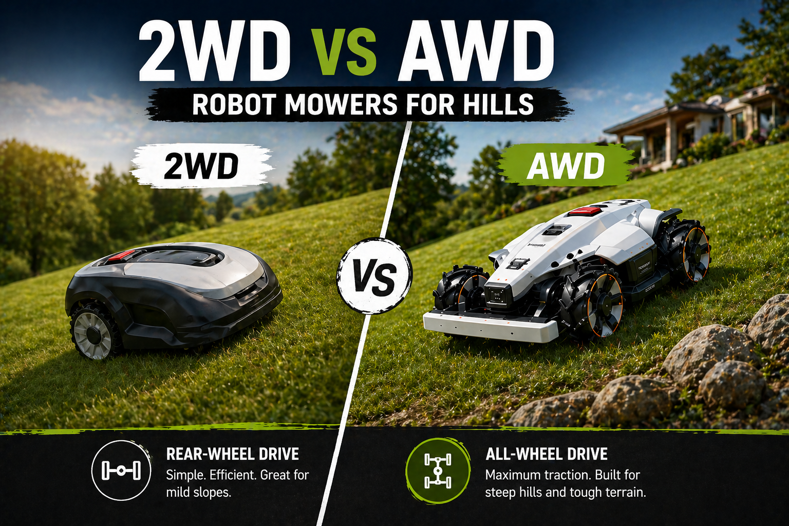 2WD vs AWD/4WD Robot Mowers For Hilly Terrain. The last Comparison Guide you will Ever Need.