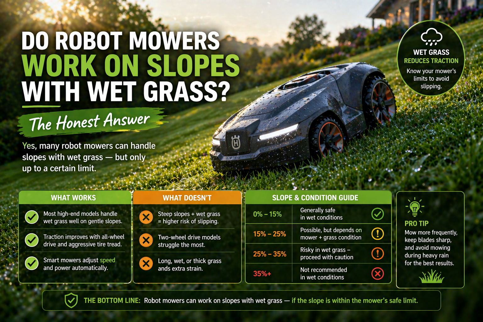 robot mowers work on slopes with wet grass