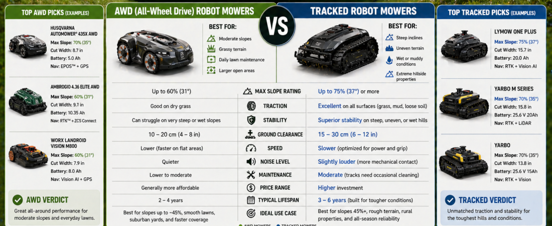 AWD vs Tracked Robot Mowers for Hills — The Definitive Comparison for Sloped Properties