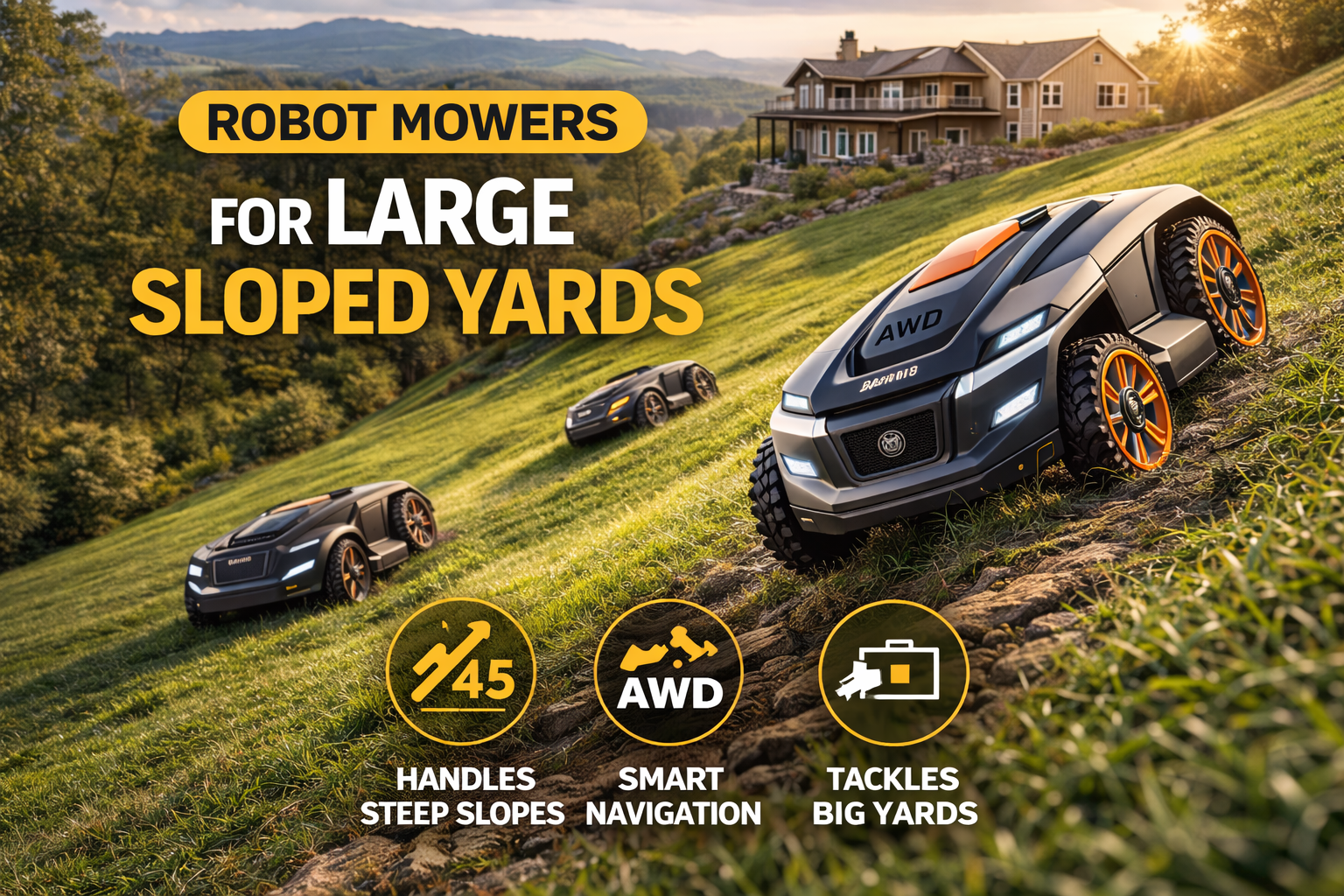 5 Best Robot Mowers for Large Sloped Yards (Real-World Tested on 1–3+ Acres)