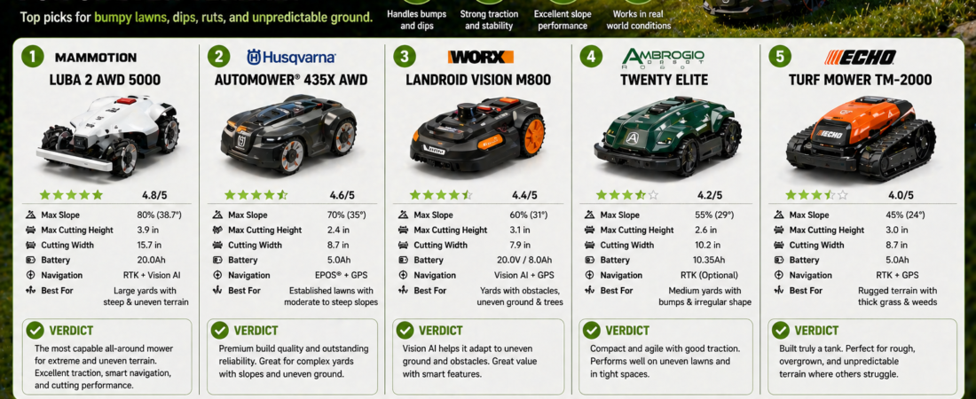 The 5 Best Robot Mowers for Uneven Terrain (2026) — Honest Reviews for Bumpy, Rooted, and Complex Yards